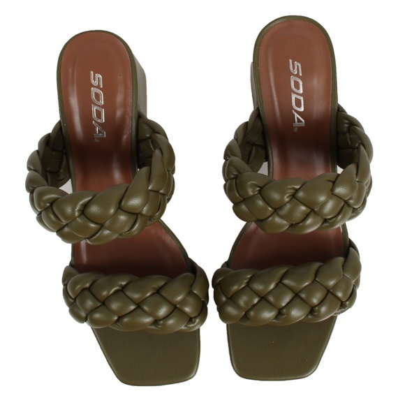 Olive Braided Open Toe Double Strap Heels - Picture 4 of 6